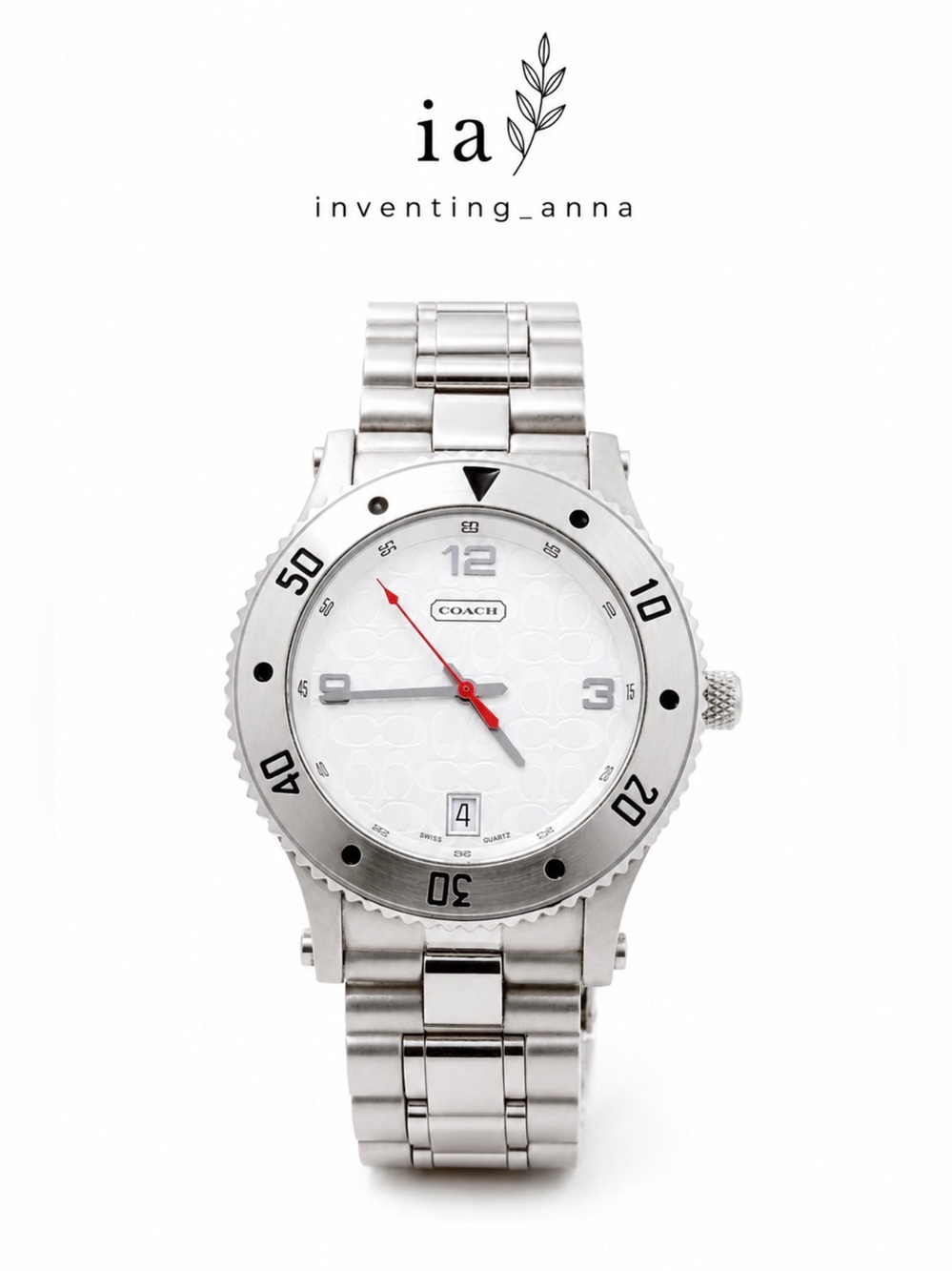 Silver-Toned Stainless Steel Unisex Watch w/White Monogram Dial Red Second Hands